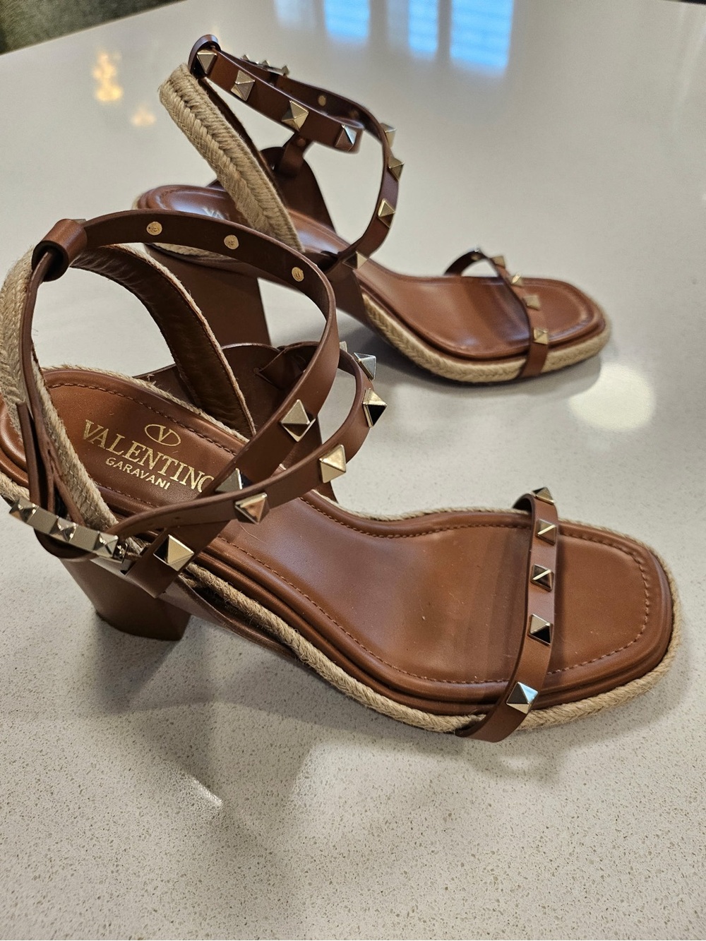 Valentino Garavani Brown Leather Rockstud Espadrille Sandals